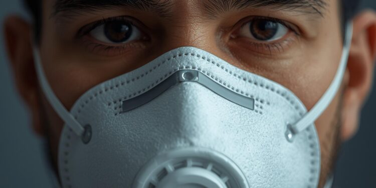 ilustasi pria memakai masker akibat ispa polusi udara