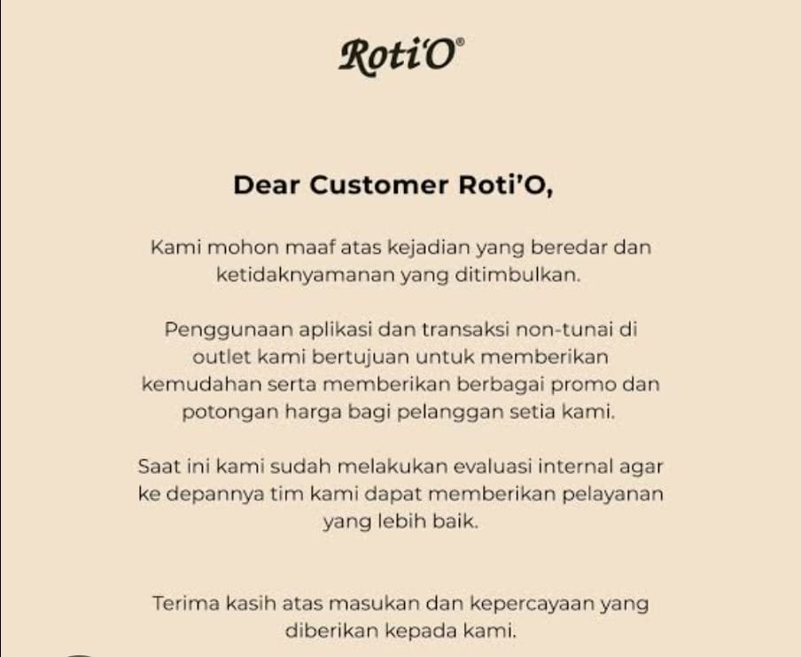 manajemen roti o minta maaf